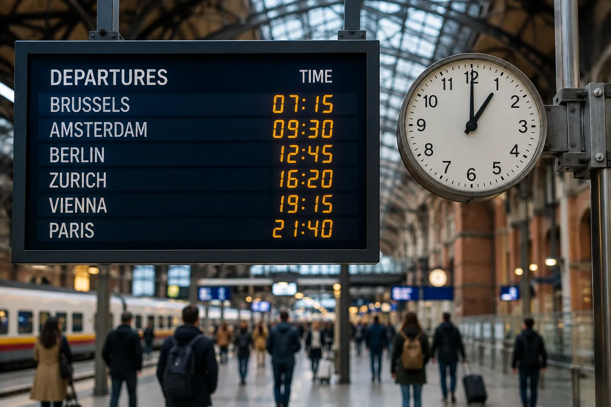 Train station departure board displaying schedules in the 24-hour clock format