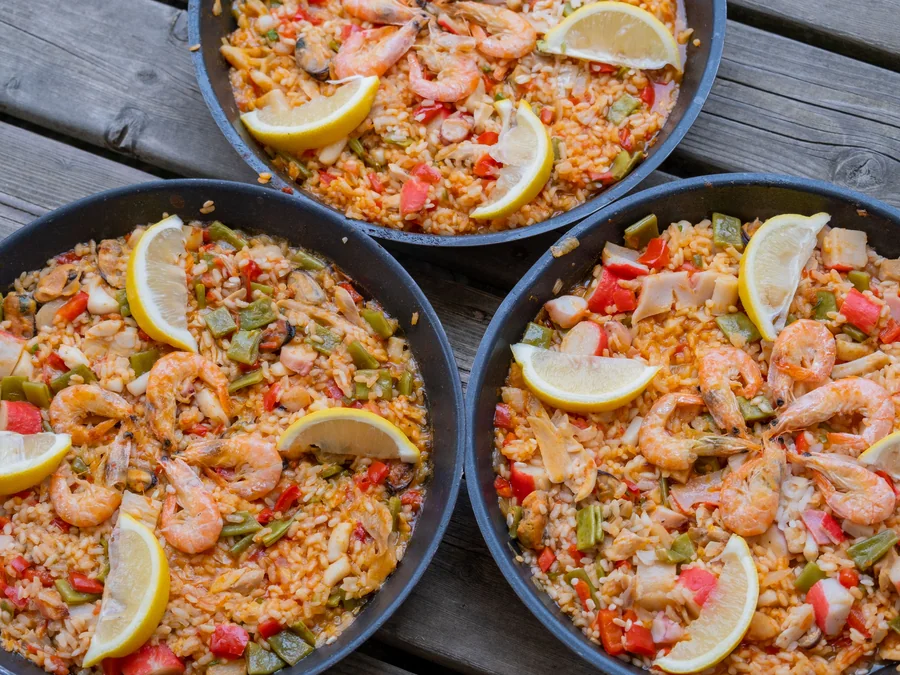 Paella with rice and seafood.