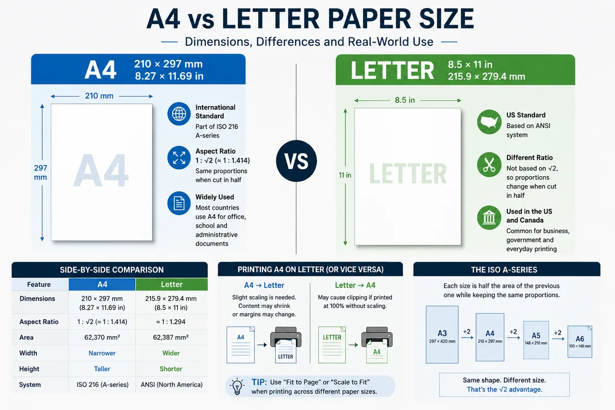 A4 210 by 297 mm compared with US Letter 8.5 by 11 inch paper size