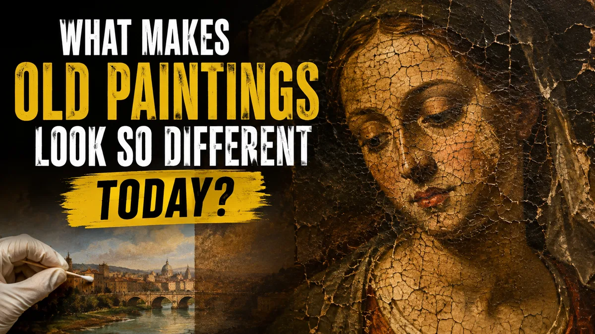 Detailed surface of an old oil painting showing aged varnish, visible brushwork and fine cracks.