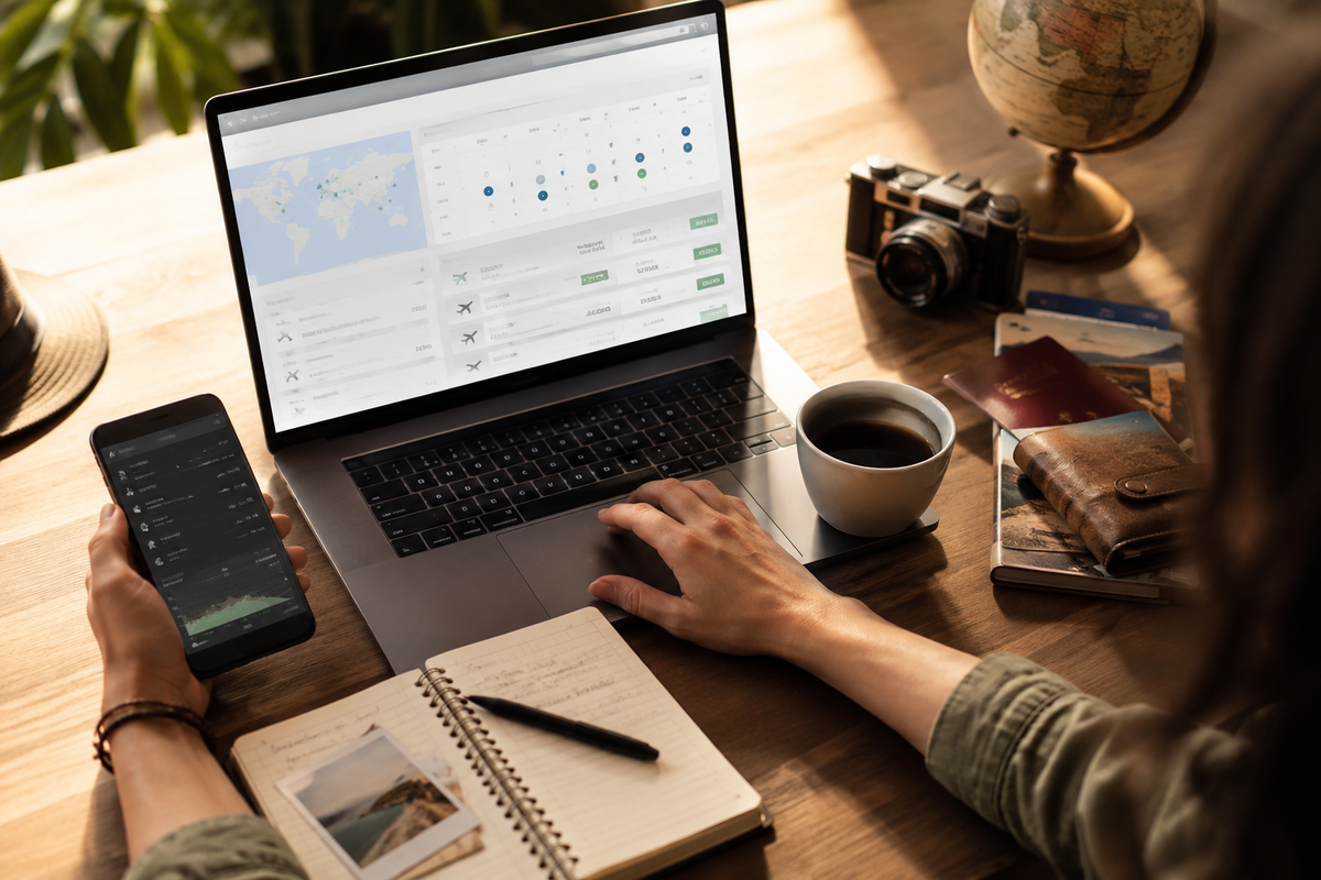 Laptop and travel-planning tools used to compare flexible flight routes and prices