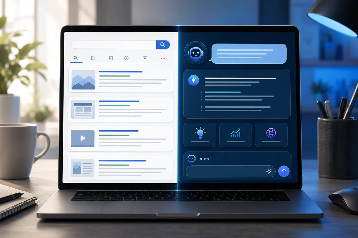 A split-screen comparison showing traditional search results on one side and an AI-powered search assistant on the other.