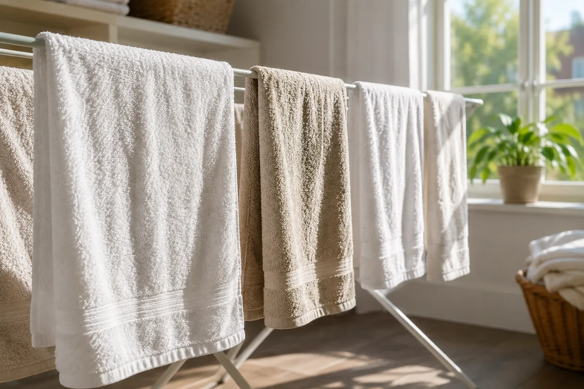 cotton towels air-drying on a rack in a sunlit laundry room.