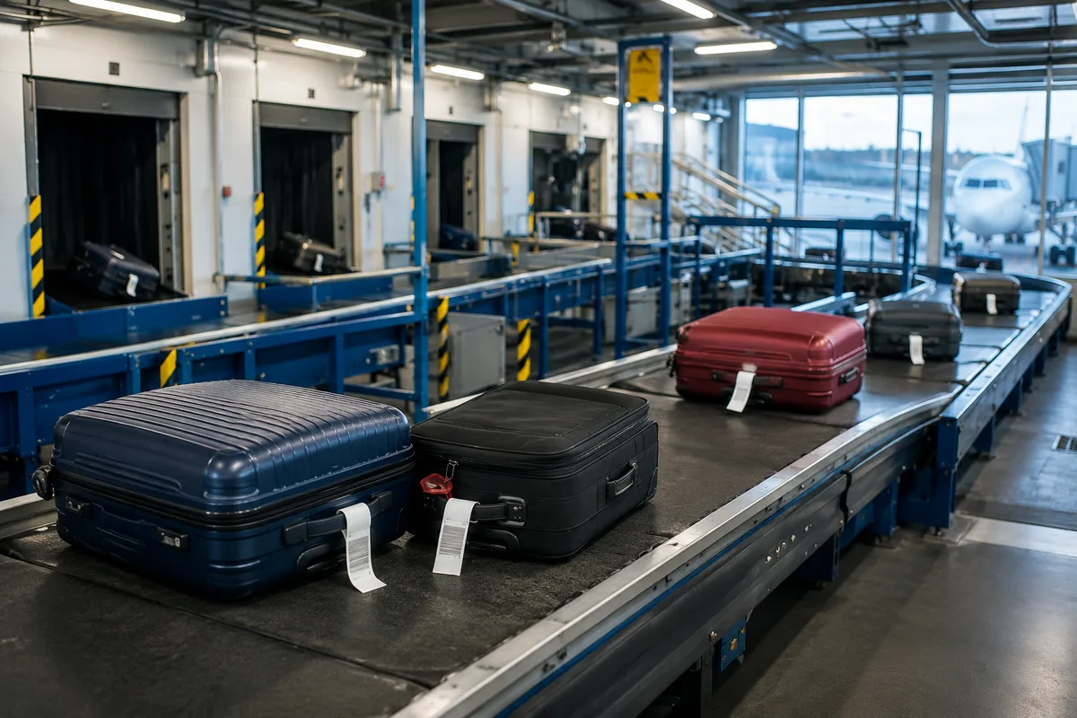 Checked suitcases moving through an airport baggage handling system during a flight connection