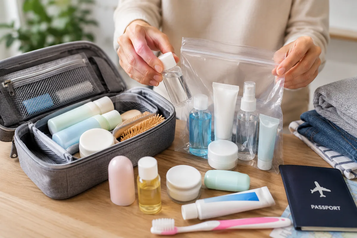 Travel-size liquids gels creams and toiletries packed for a flight