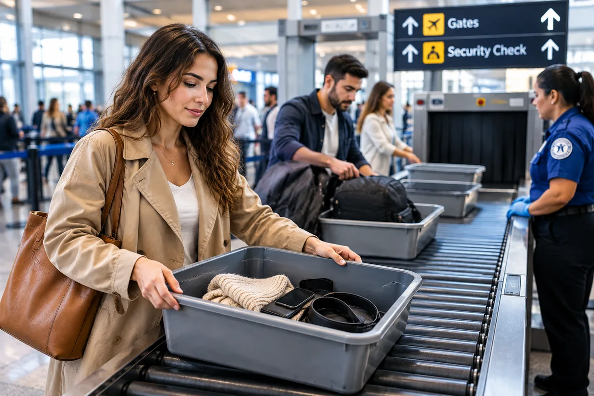 Travelers passing through airport security before their flights