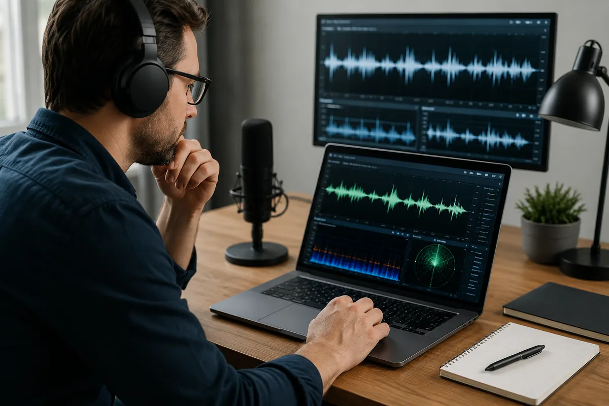 Person analyzing a suspicious voice recording with audio waveforms on a computer