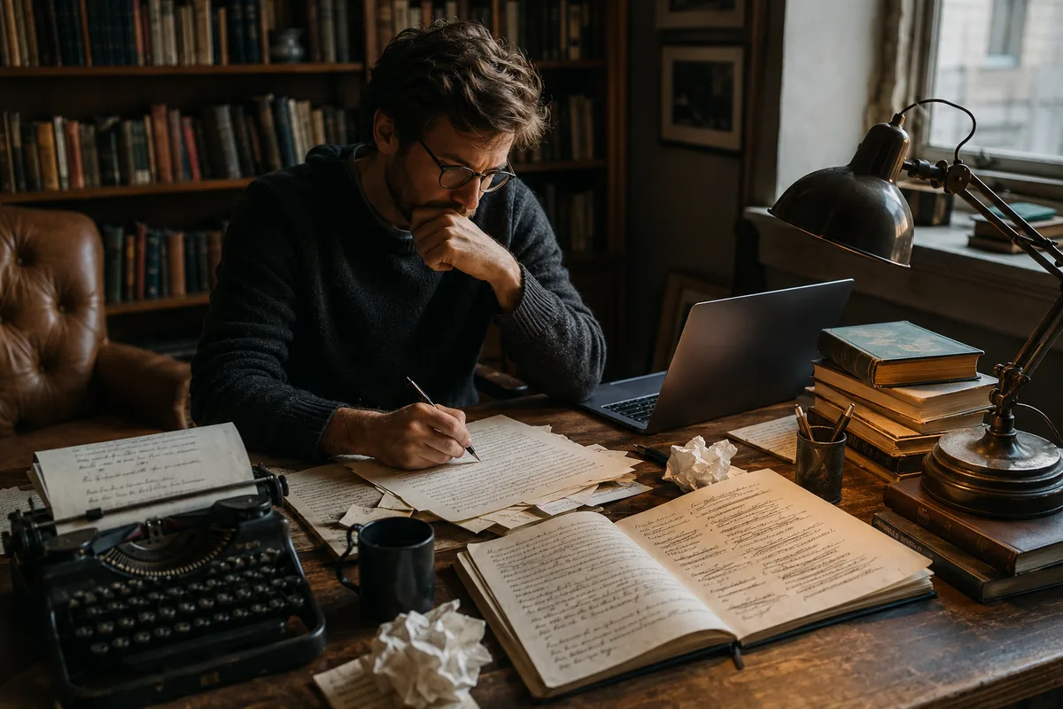 Writer working at a desk while choosing a pen name for a published book