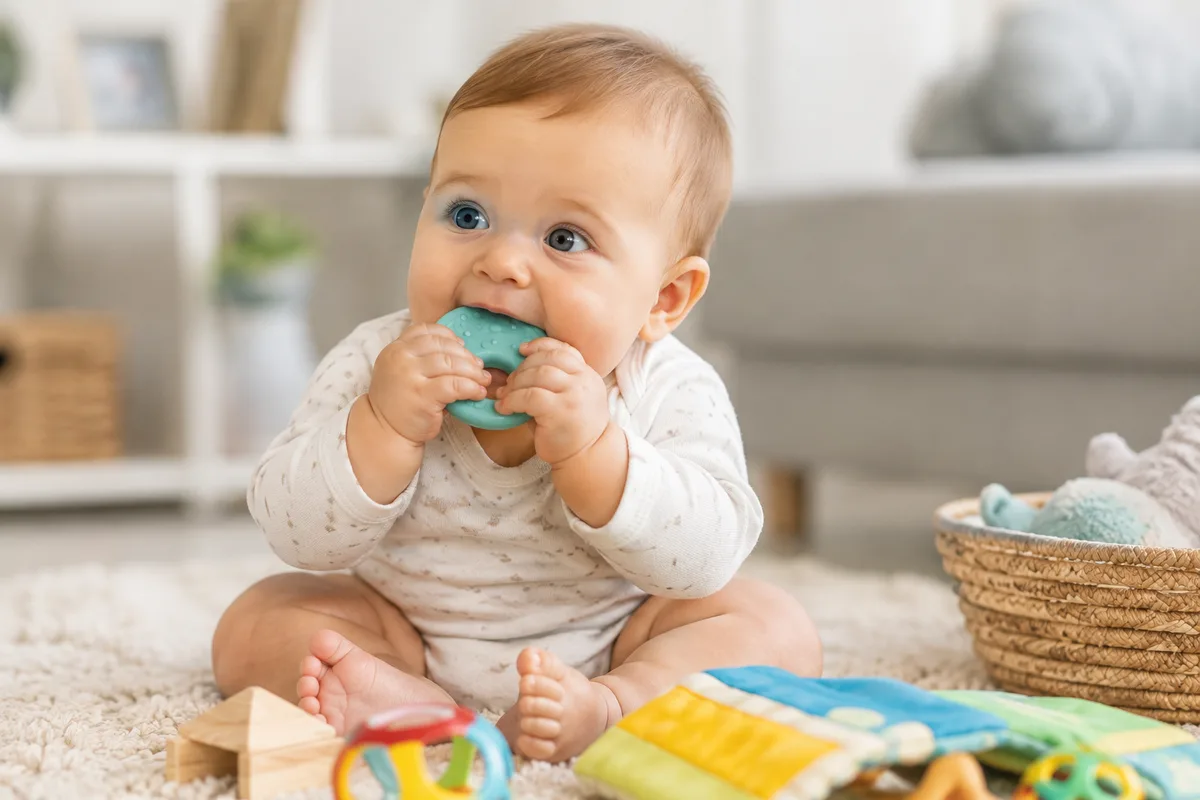 Baby chewing a teething toy as part of normal sensory exploration and development