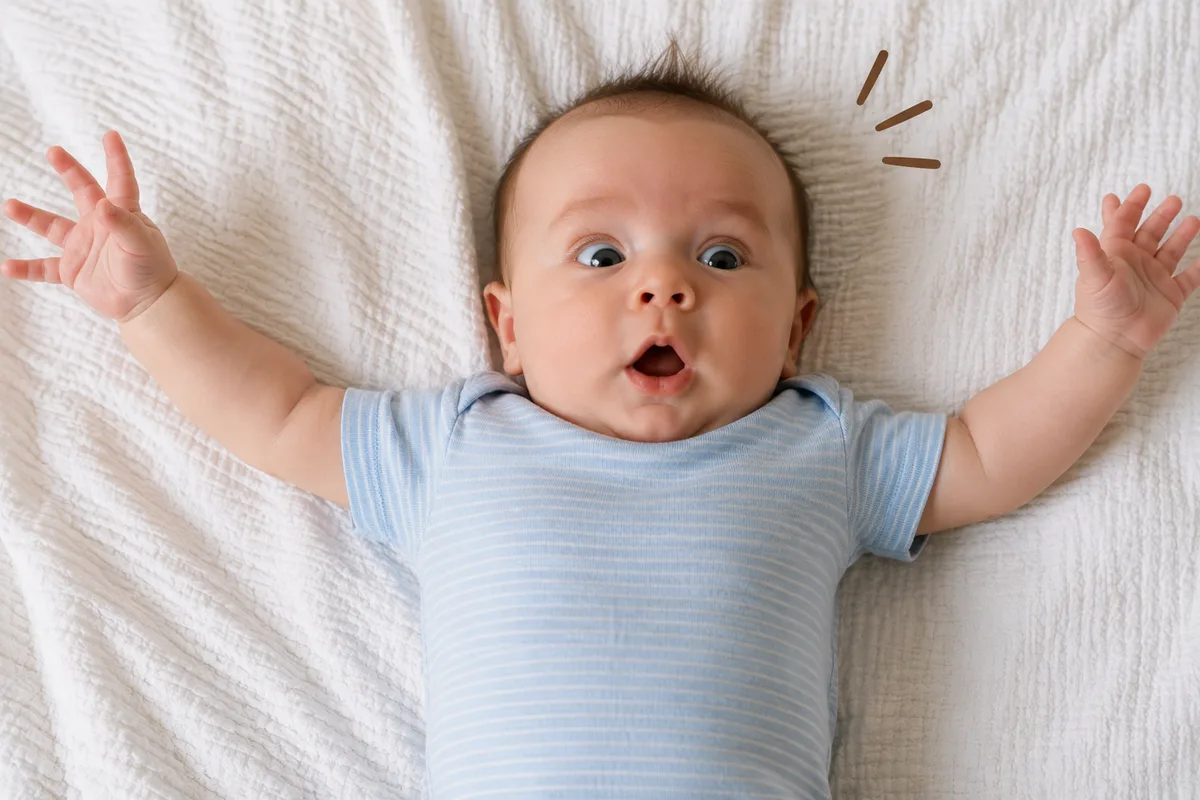 A baby showing the Moro reflex by suddenly extending the arms and opening the hands in response to a startling sensation.