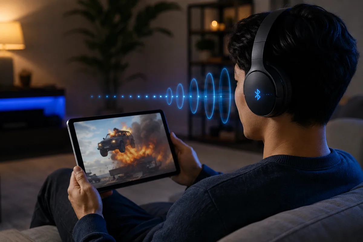 Bluetooth audio can arrive slightly later than the video because sound must be encoded, transmitted wirelessly, and decoded before reaching your headphones.