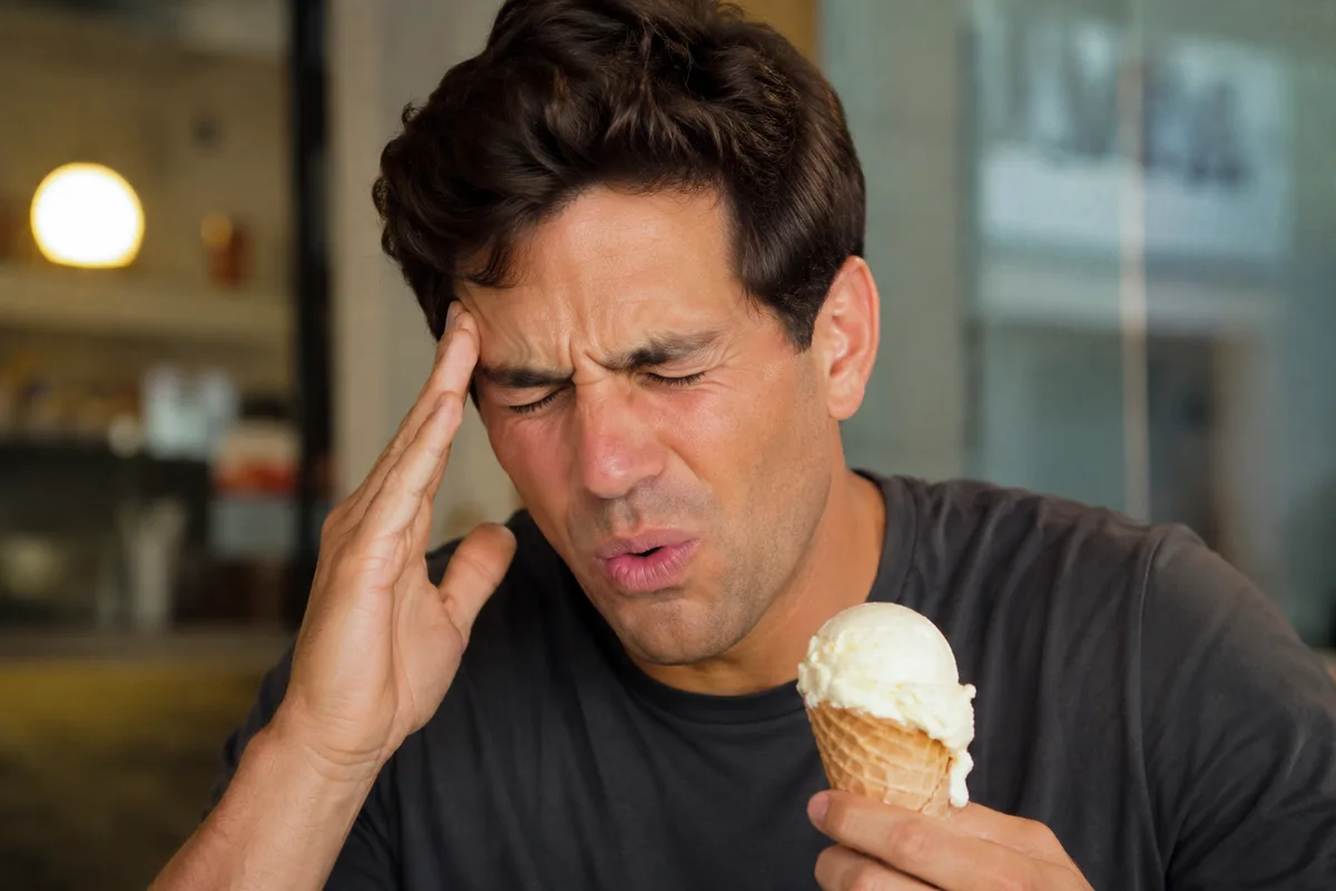 A man holding an ice cream cone while reacting to a sudden brain freeze headache
