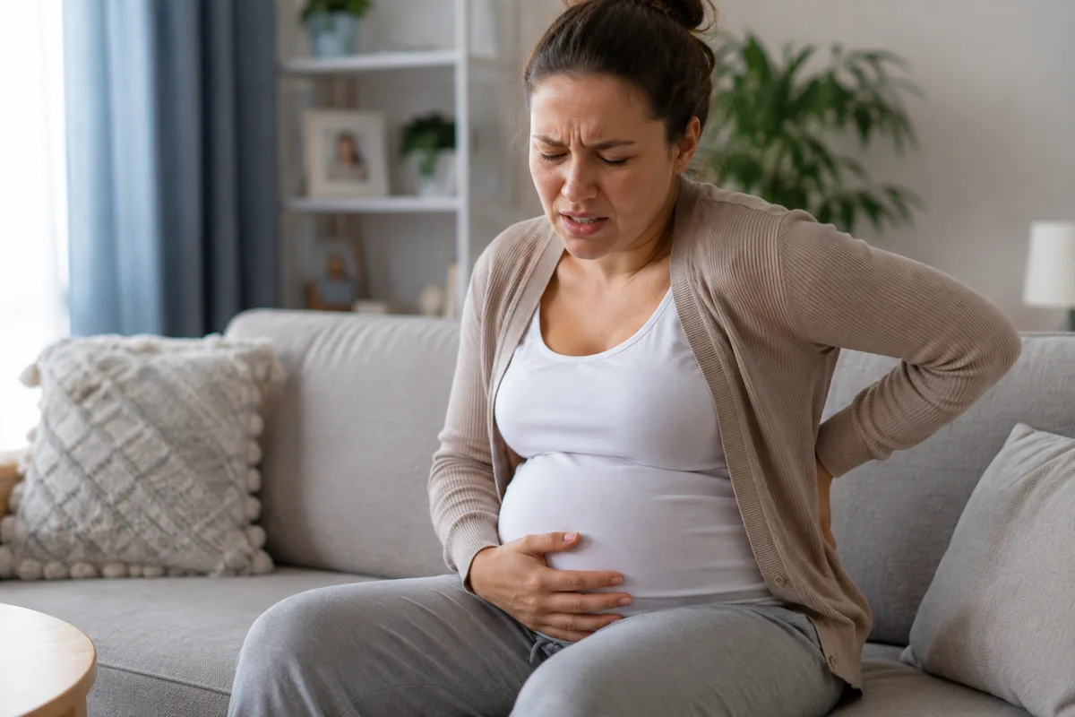 A pregnant woman experiencing contractions, which can make it difficult to tell whether they are Braxton Hicks or signs of real labor.