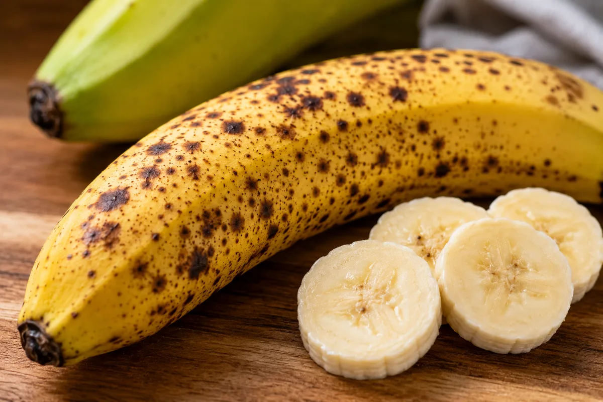 Close-up of brown spots developing on the peel of a ripe yellow banana