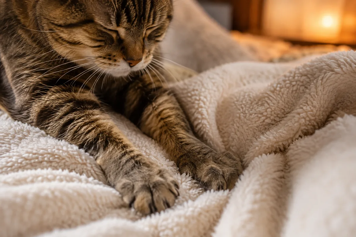 Close-up of a relaxed cat pressing its paws into a soft fleece blanket