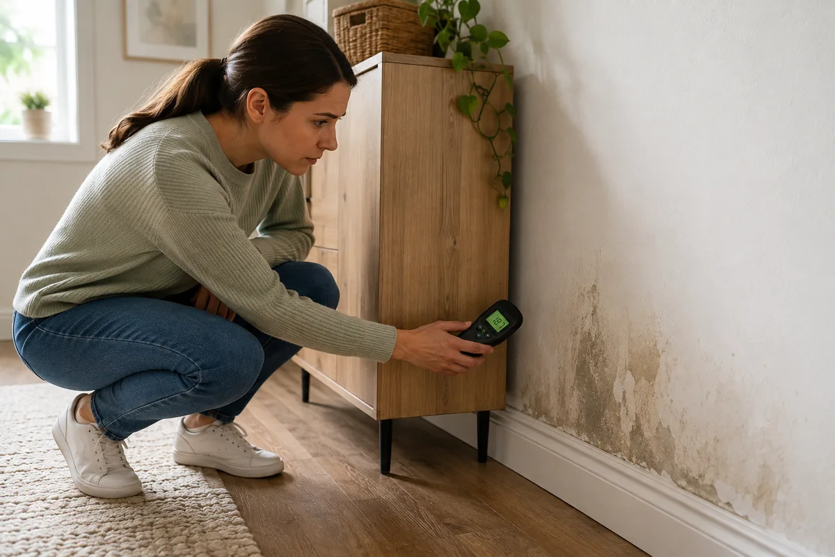 Homeowner checking a wall for hidden moisture behind furniture