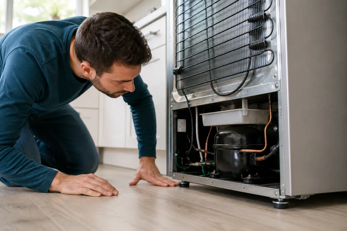 Person checking a refrigerator for the source of a rattling or vibrating noise