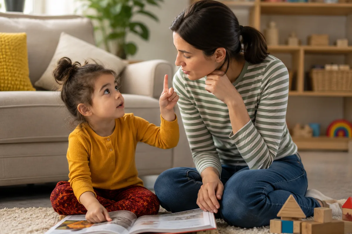 Young child asking a parent a question while looking at a book at home