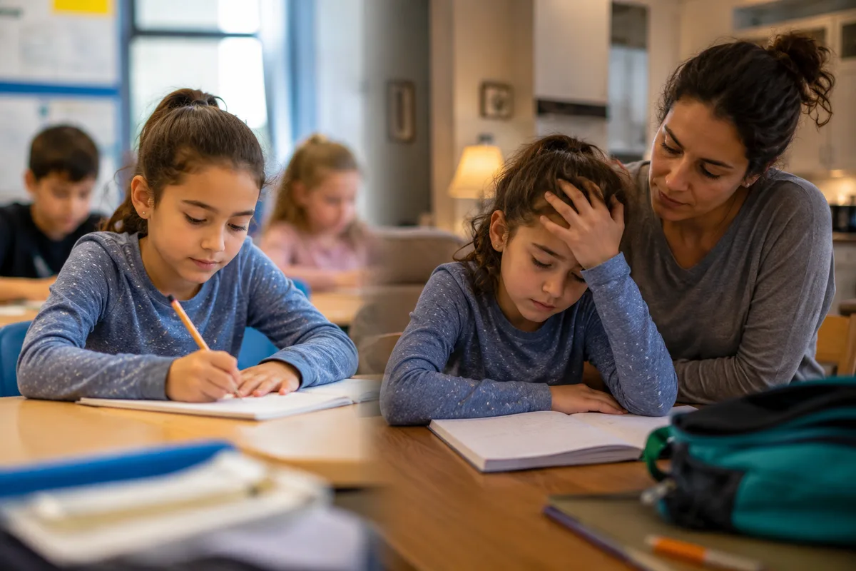 Child doing schoolwork in different home and classroom settings with adult support