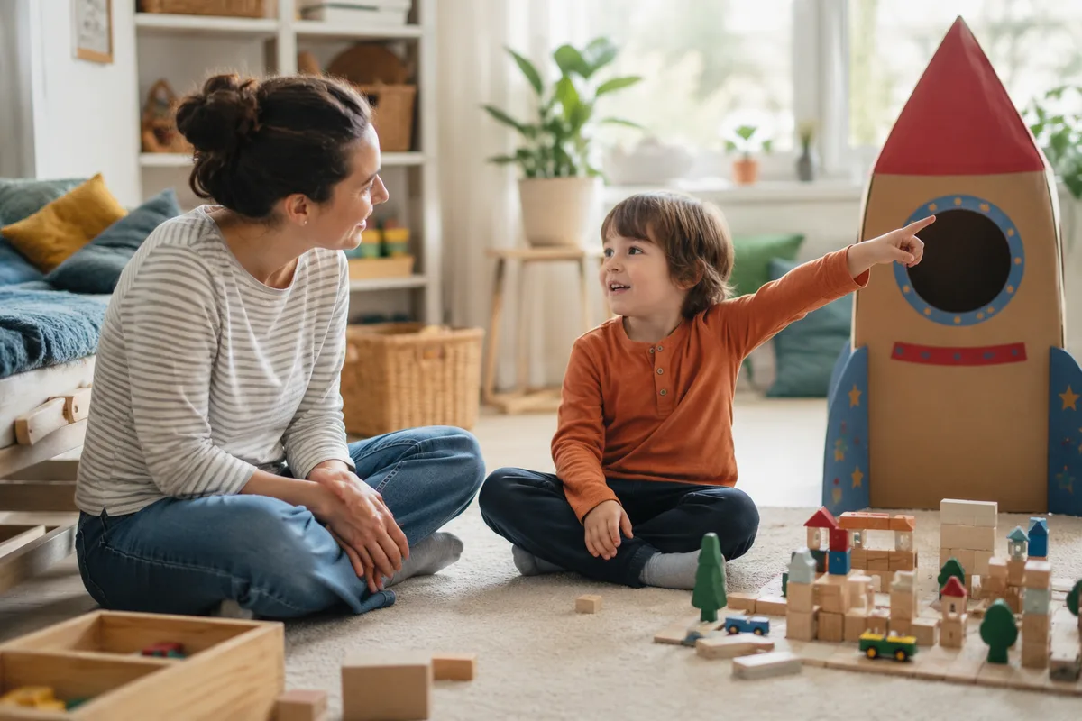A young child describing an imaginary friend to a parent while playing with a cardboard rocket and building blocks.