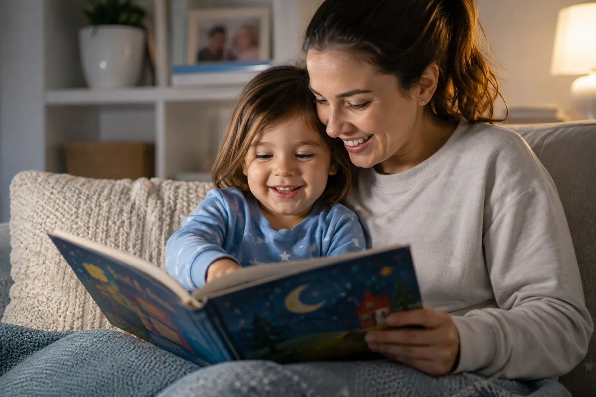 A child enjoying a favorite story with a parent, showing how familiar books can make repeated reading engaging and comforting.