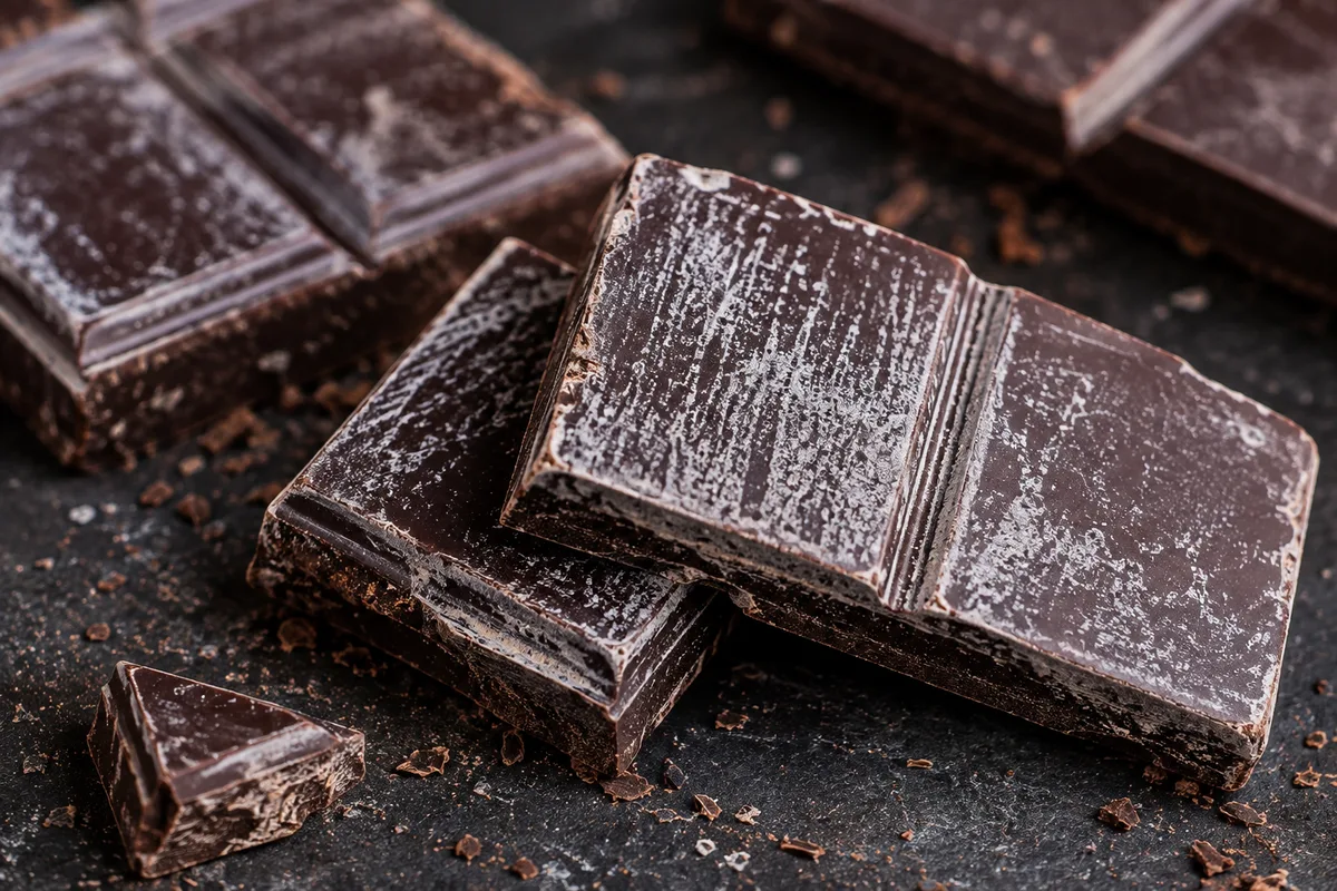 Close-up of chocolate bloom creating a pale coating on dark chocolate