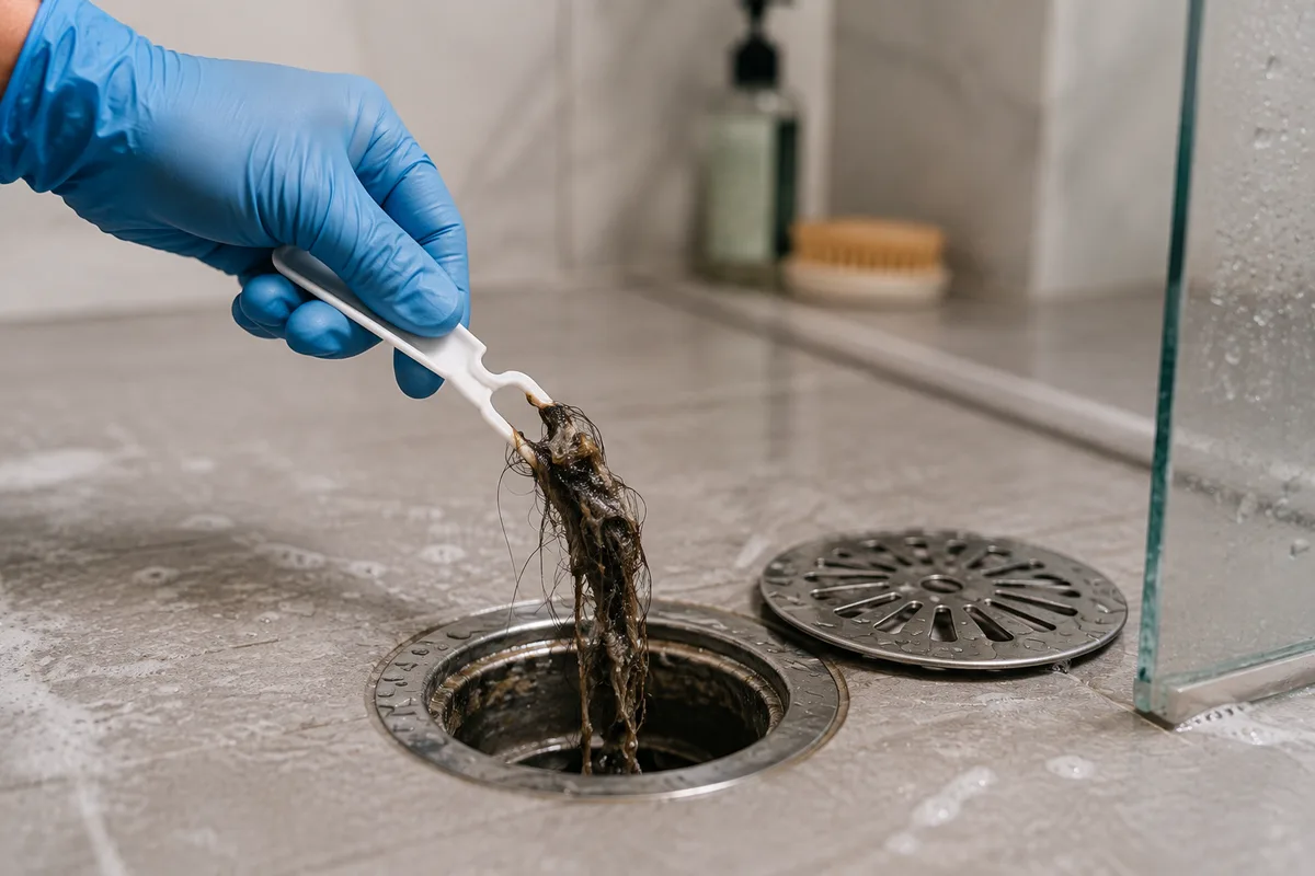 Gloved hand removing hair and buildup from a shower drain