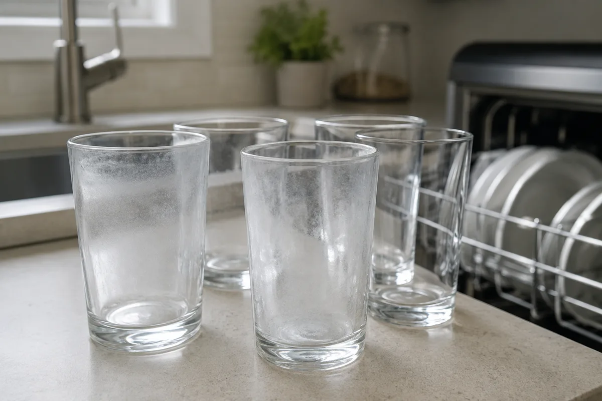 Several drinking glasses with cloudy residue standing on a kitchen counter next to an open dishwasher