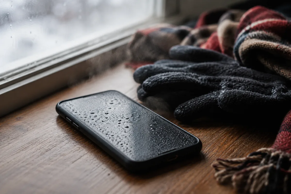 A cold smartphone resting indoors beside winter gloves after being brought in from freezing weather.