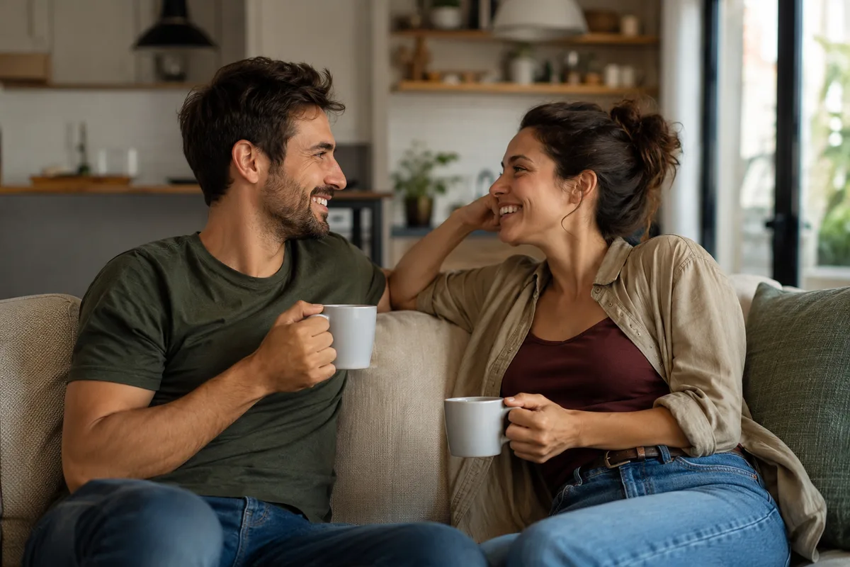 couple having a relaxed conversation at home while developing shared language and communication patterns