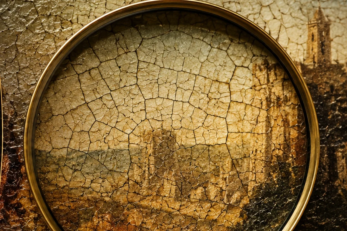 Magnified detail showing an irregular network of cracks across layers of aged oil paint