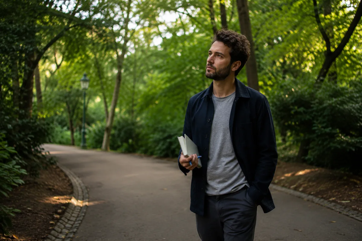 A person taking a quiet walk while allowing their mind to wander after creative work.