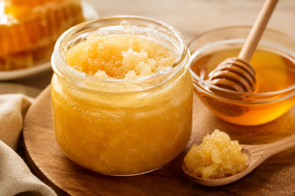 Close-up of crystallized honey in a glass jar with a wooden spoon and liquid honey nearby