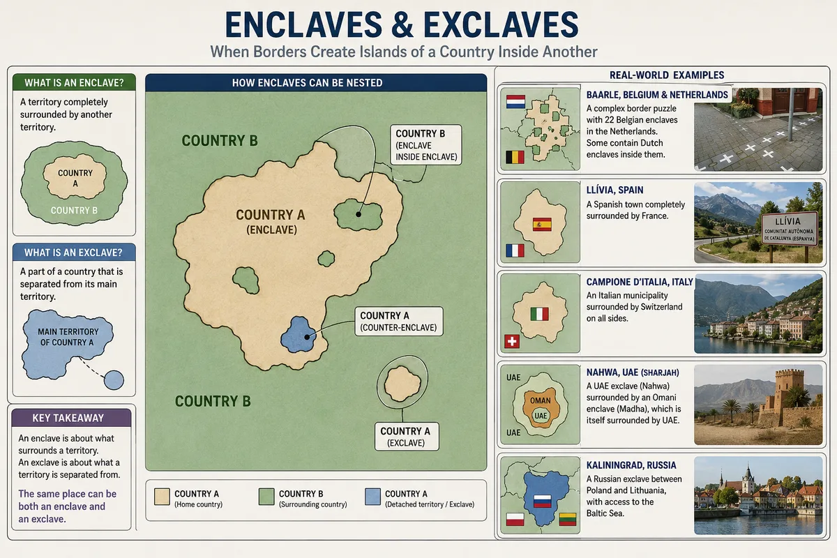 World map explaining enclaves and exclaves with examples of territories separated from or surrounded by other countries