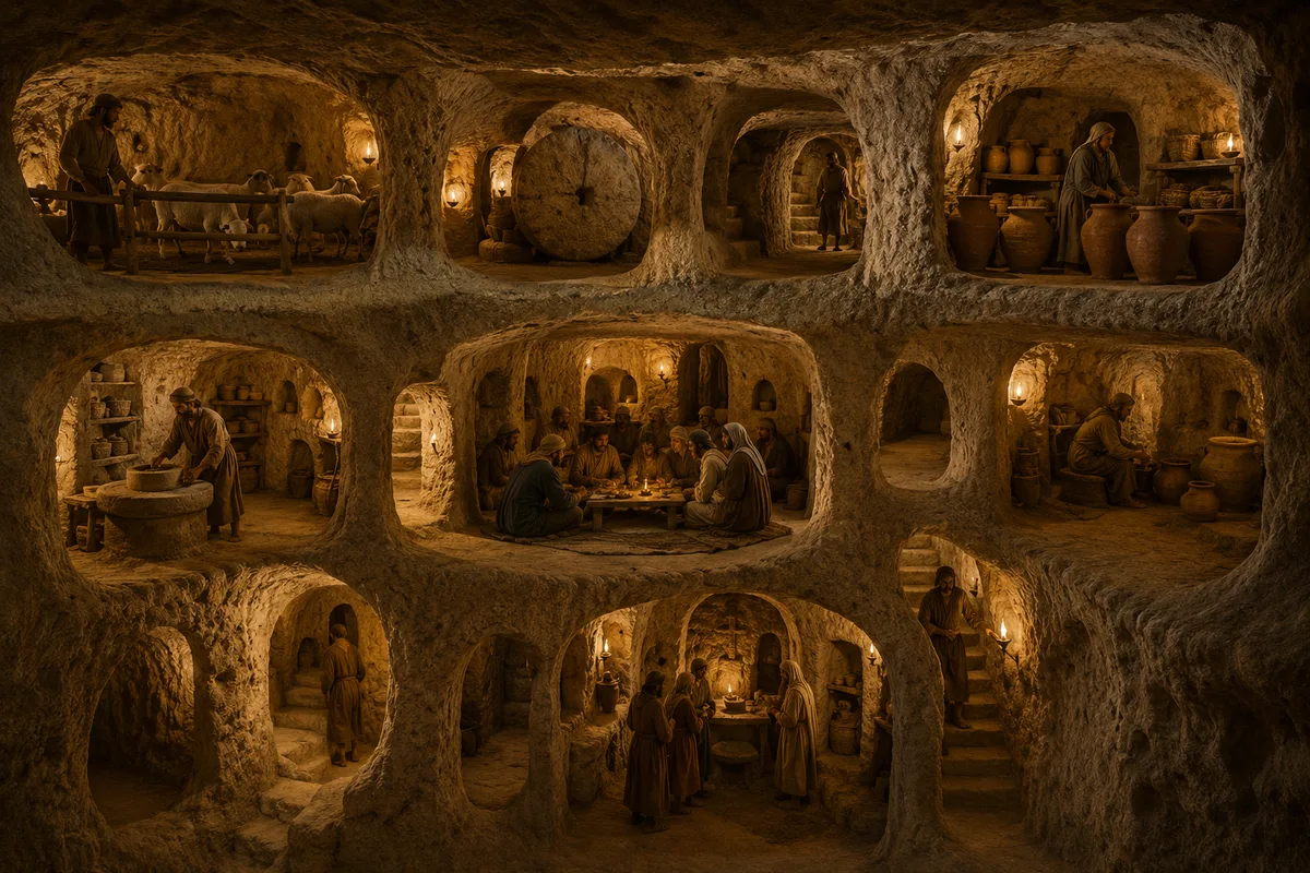 Reconstruction of people using chambers, storage areas and passageways inside ancient Derinkuyu.