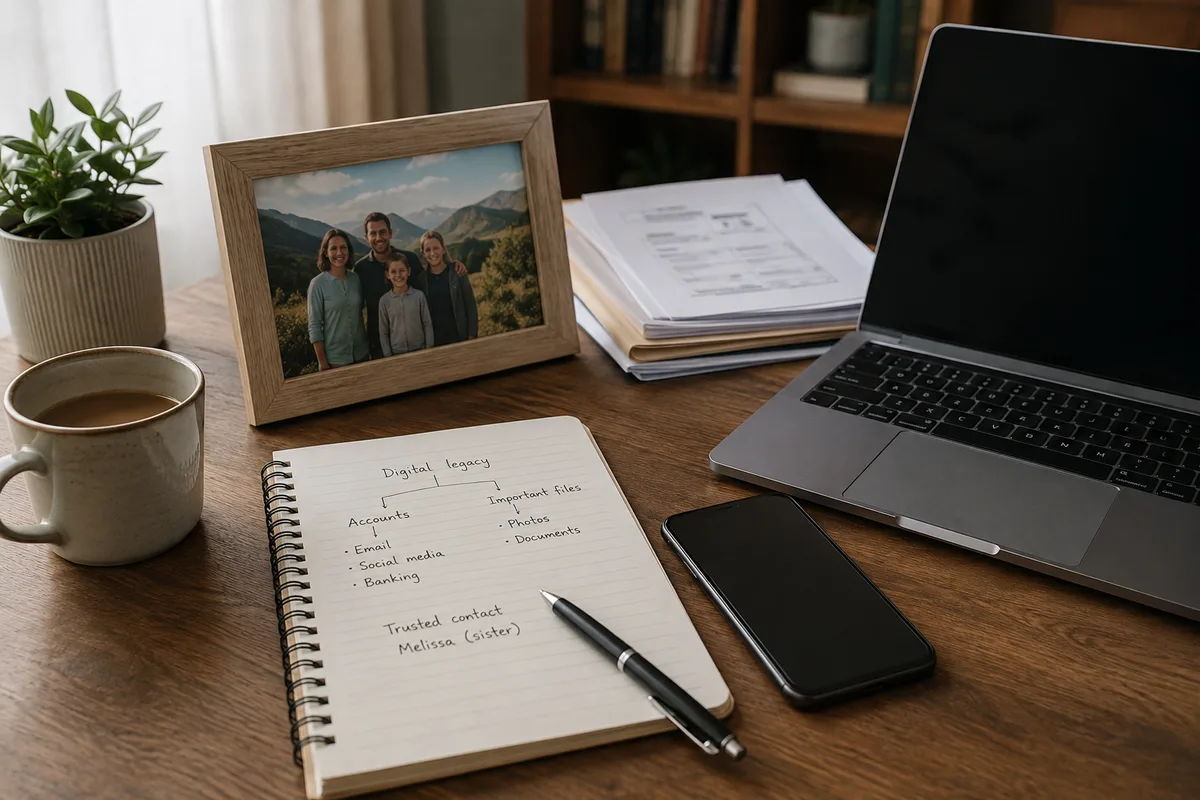 A desk with a laptop, smartphone, family photo, and handwritten digital legacy planning notes