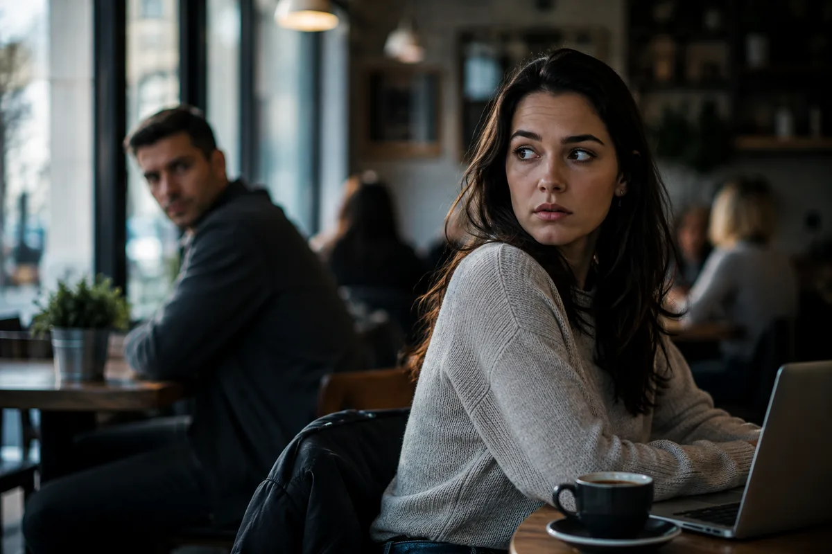 Two people in a public setting as one appears to notice the other person's gaze.