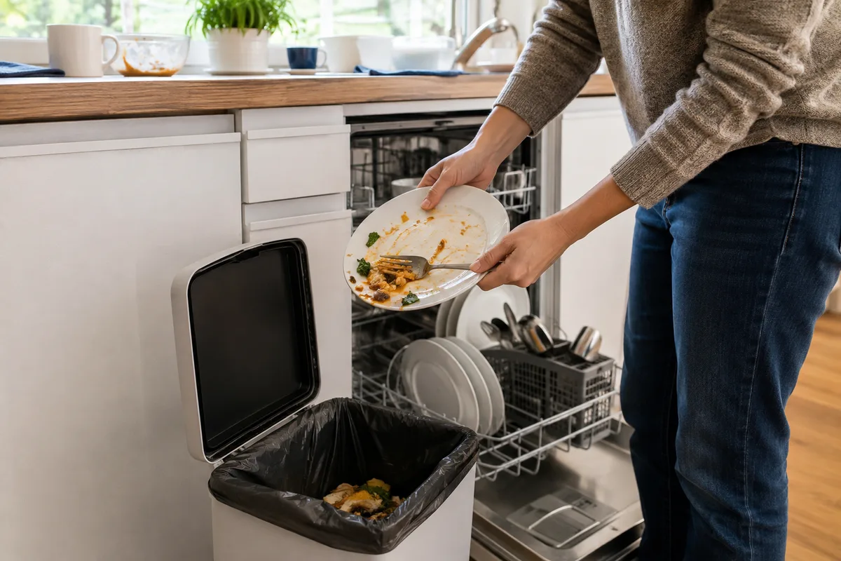 A person scraping leftover food from a plate before loading it into a dishwasher