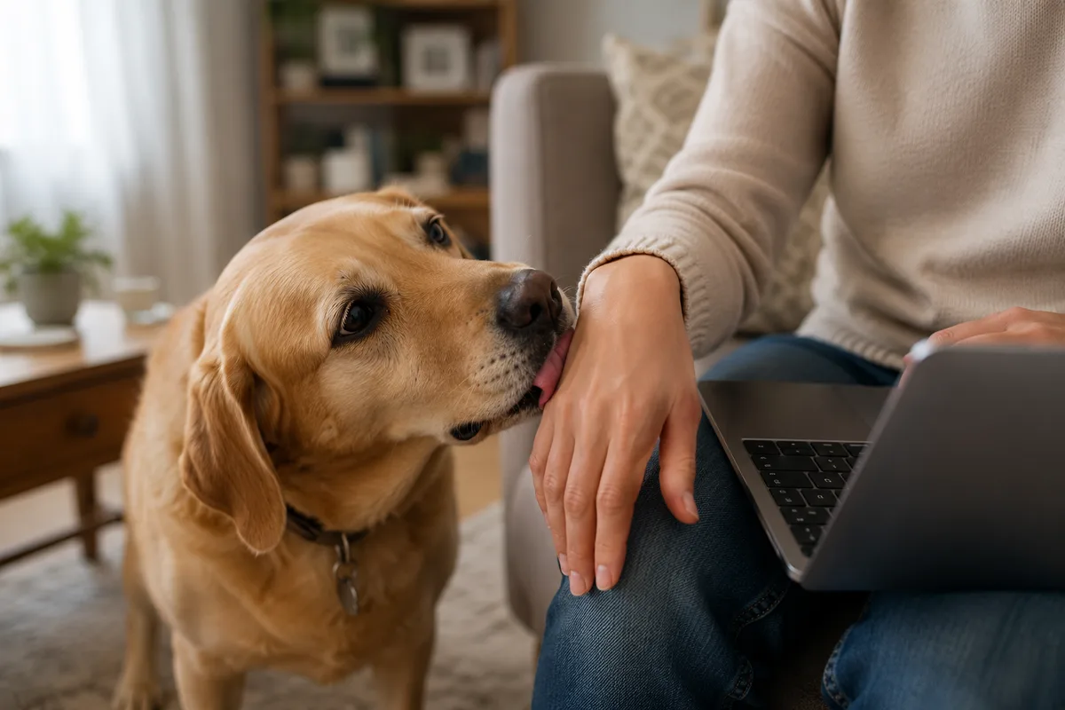 Dog licking its owner’s hand while seeking attention at home