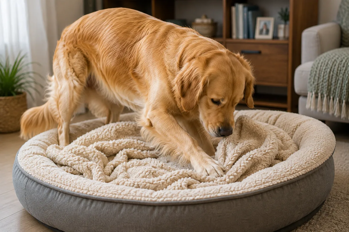 Dog scratching and arranging a blanket before settling down to sleep