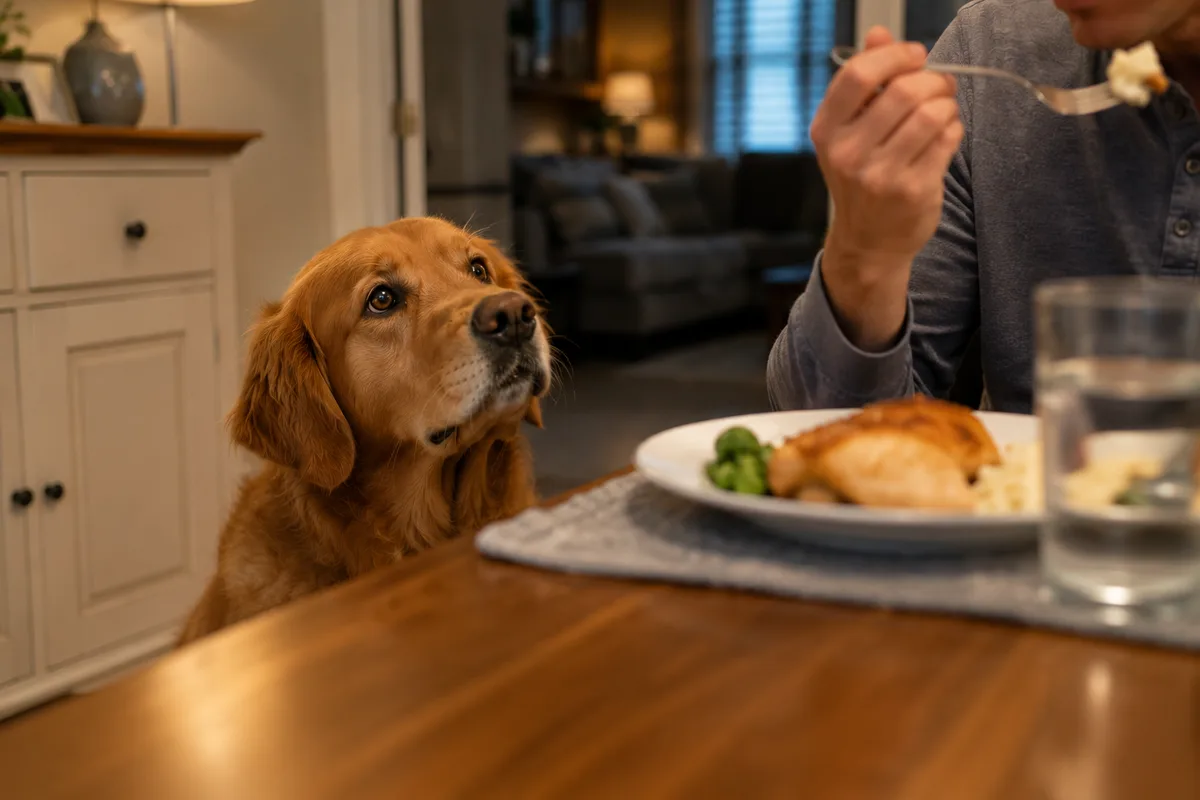 Dog staring attentively at its owner during dinner while waiting for food