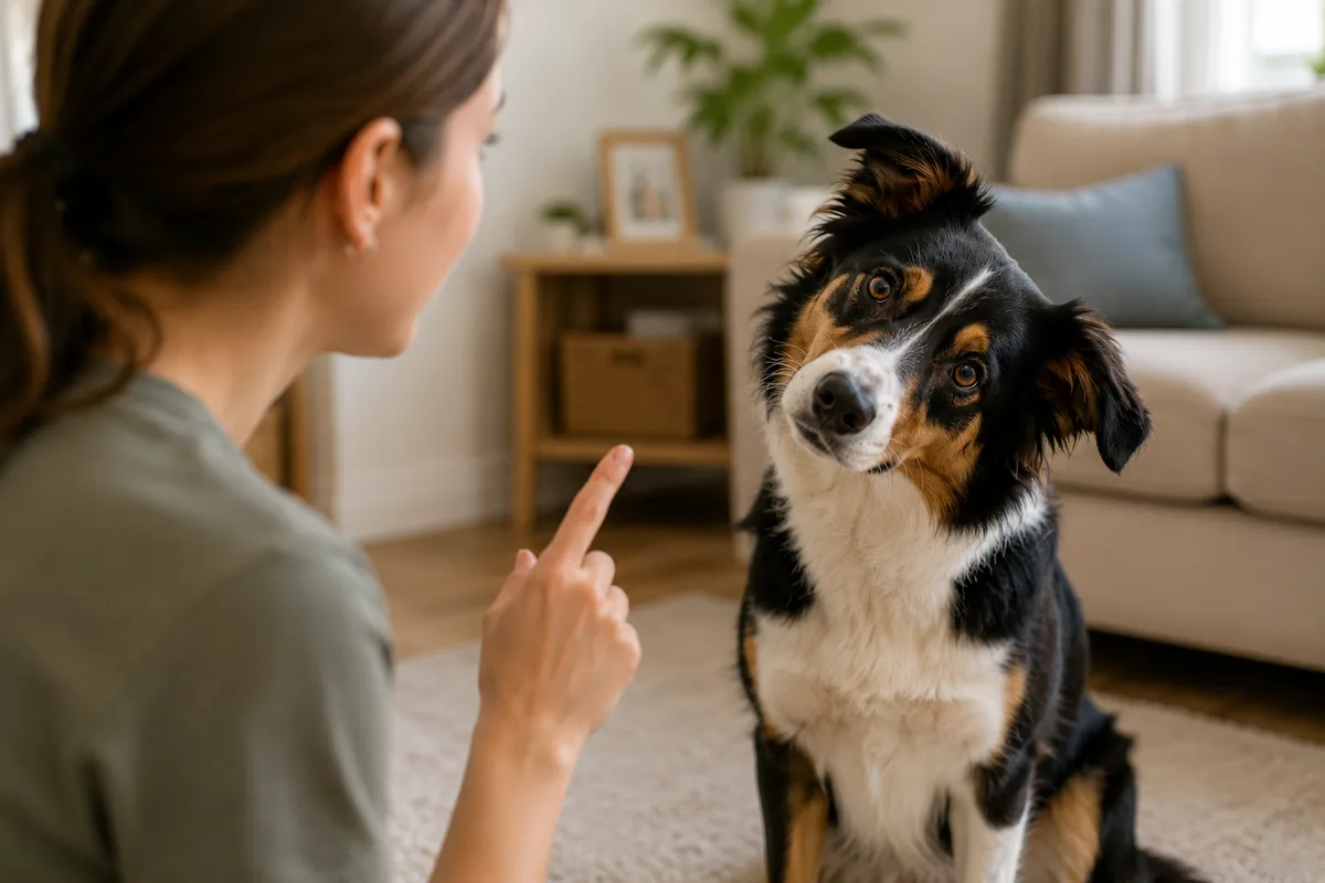 Dog tilting its head attentively while its owner talks