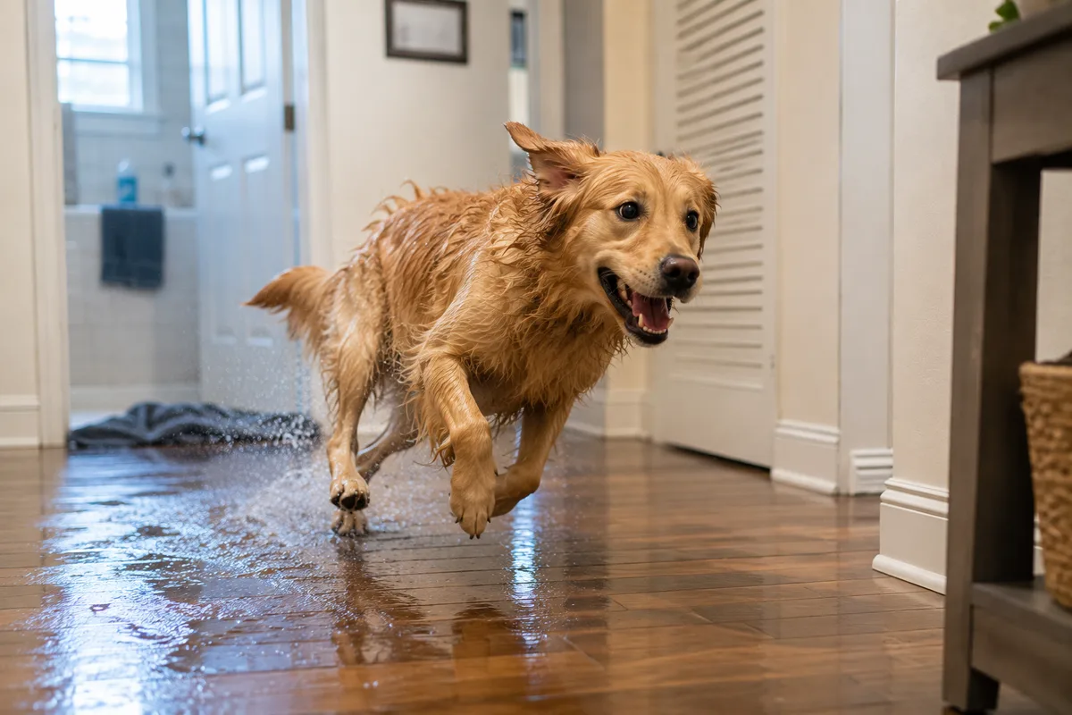 Wet dog running excitedly through the house after a bath