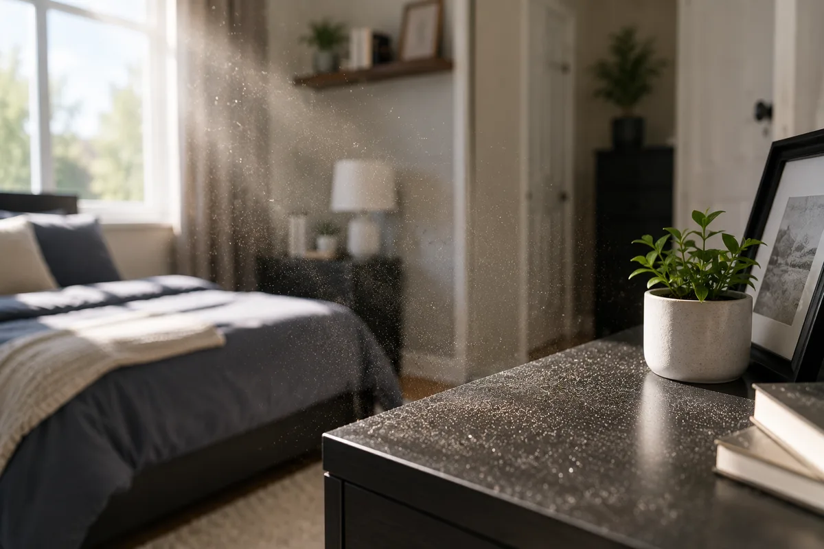 Fine household dust visible in sunlight inside a clean bedroom
