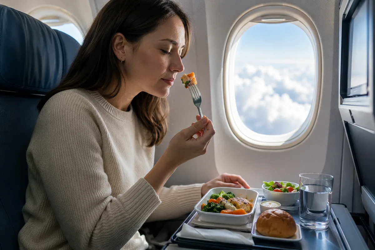 Passenger eating an in-flight meal inside an airplane cabin