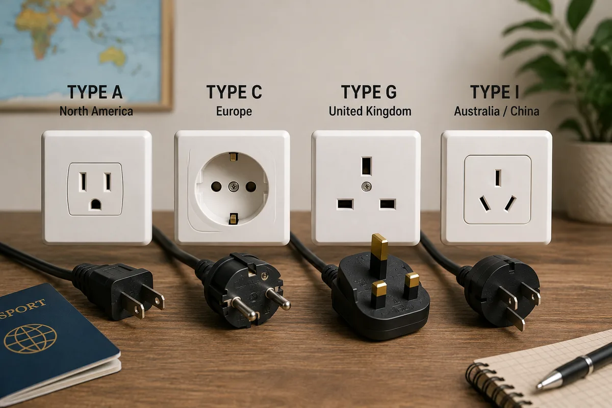 Different electrical plug types used in North America, Europe, the United Kingdom and Australia