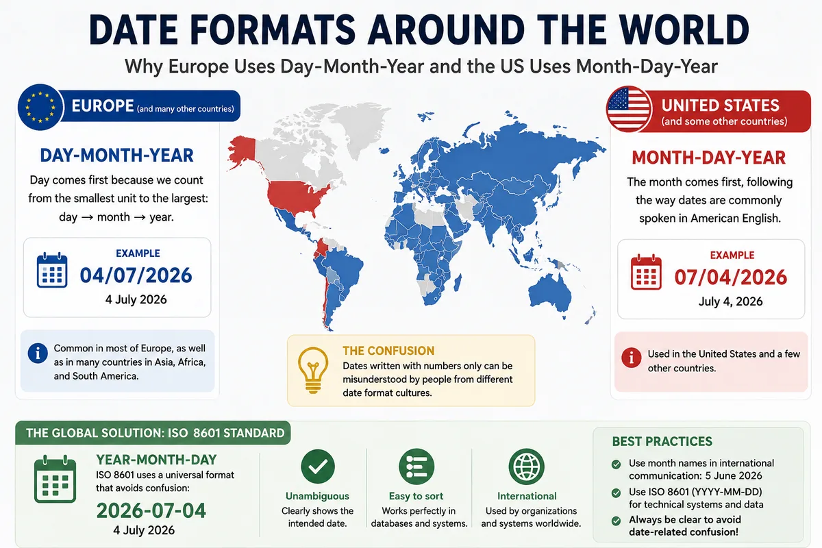 European day-month-year and American month-day-year date formats compared with ISO 8601
