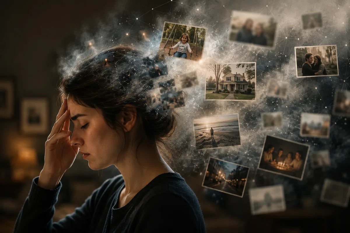 Woman recalling fragmented memories represented by floating scenes and blurred visual details
