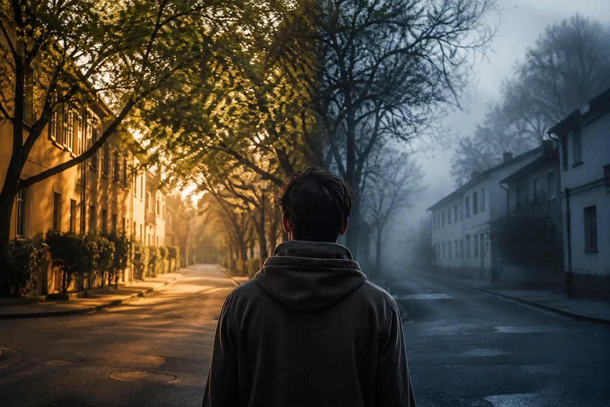 A familiar neighborhood suddenly feeling strange and unfamiliar, illustrating a shift in perception and sense of place.