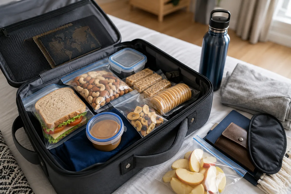 Solid travel snacks packed inside a carry-on bag for an airport security check